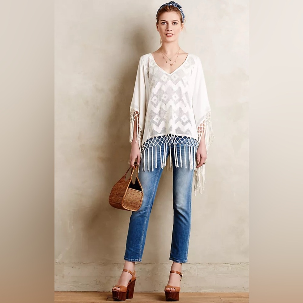 Anthropologie White Crochet Fringe V-Neck Tunic